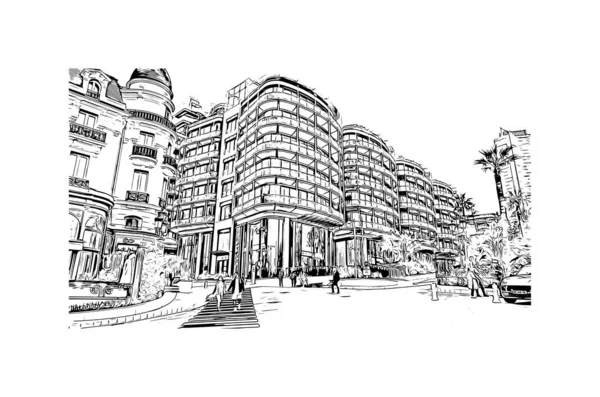 Print Building view with landmark of Monaco is the country of Europe. Vektörde elle çizilmiş çizim çizimi. 