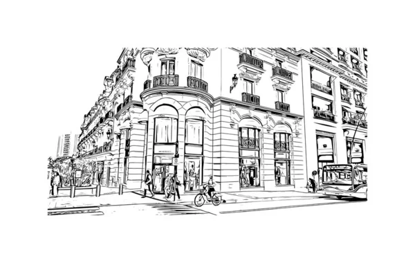 Print Building view with landmark of Monaco is the country of Europe. Vektörde elle çizilmiş çizim çizimi. 