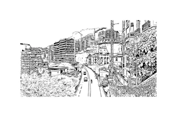 Print Building view with landmark of Monaco is the country of Europe. Vektörde elle çizilmiş çizim çizimi. 