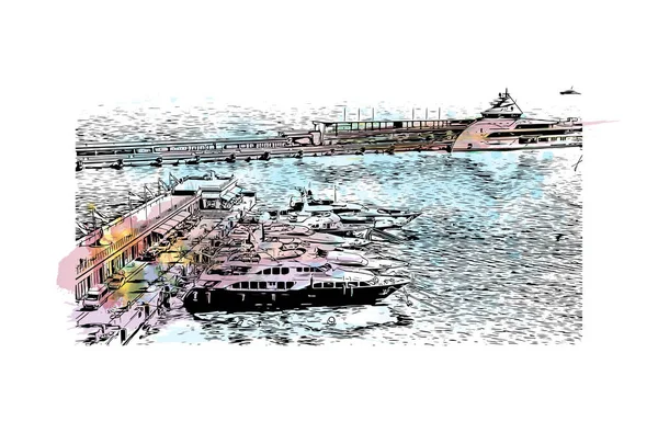 Imprimer Vue Imprenable Sur Monaco Est Pays Europe Aquarelle Éclaboussure — Image vectorielle