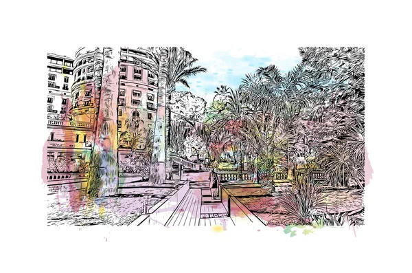 Print Building view with landmark of Monaco is the country of Europe. Vektörde elle çizilmiş resim ile suluboya sıçraması. 