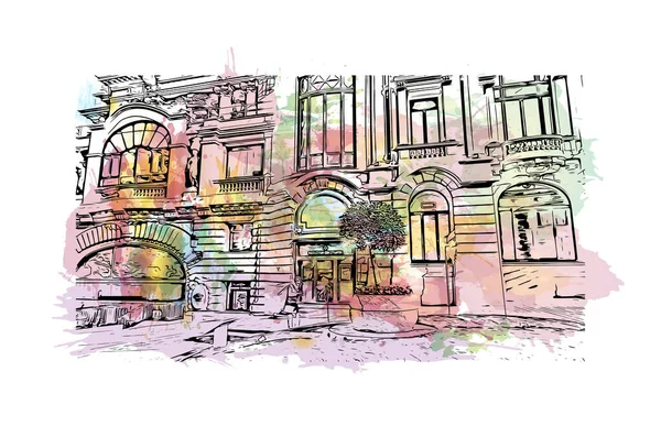 Print Building view with landmark of Monaco is the country of Europe. Vektörde elle çizilmiş resim ile suluboya sıçraması. 