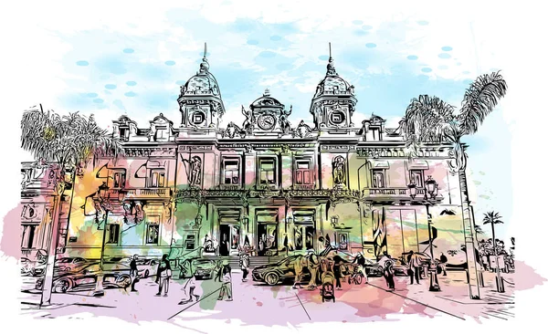 Print Building view with landmark of Monaco is the country of Europe. Vektörde elle çizilmiş resim ile suluboya sıçraması. 