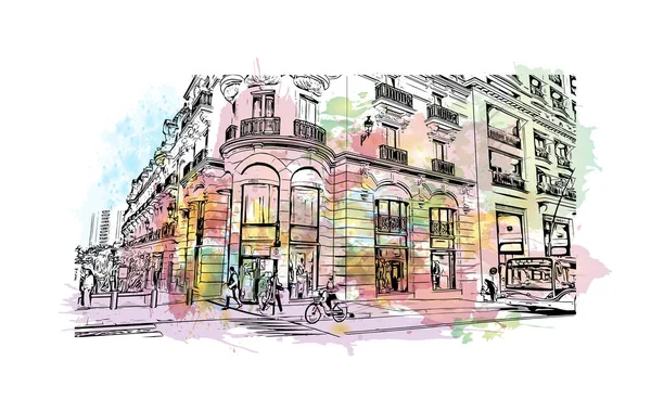 Print Building view with landmark of Monaco is the country of Europe. Vektörde elle çizilmiş resim ile suluboya sıçraması. 