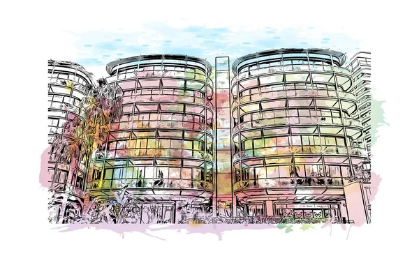 Print Building view with landmark of Monaco is the country of Europe. Vektörde elle çizilmiş resim ile suluboya sıçraması. 