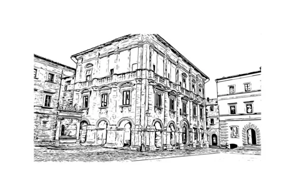 İtalya 'nın Montepulciano şehrinin simgesi olan Print Building Manzarası. Vektörde elle çizilmiş çizim çizimi.