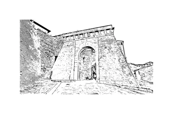 İtalya 'nın Montepulciano şehrinin simgesi olan Print Building Manzarası. Vektörde elle çizilmiş çizim çizimi.