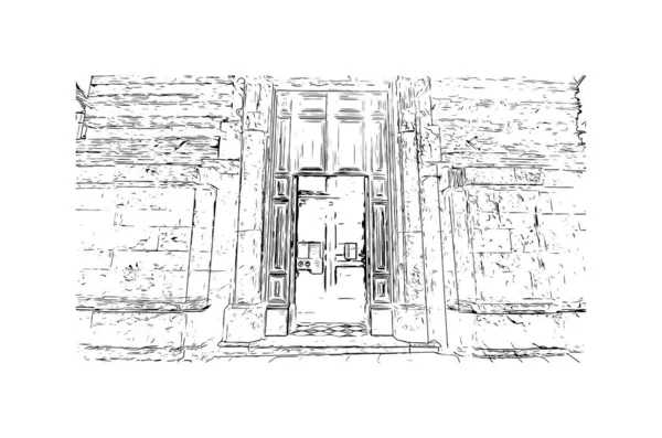 İtalya 'nın Montepulciano şehrinin simgesi olan Print Building Manzarası. Vektörde elle çizilmiş çizim çizimi.