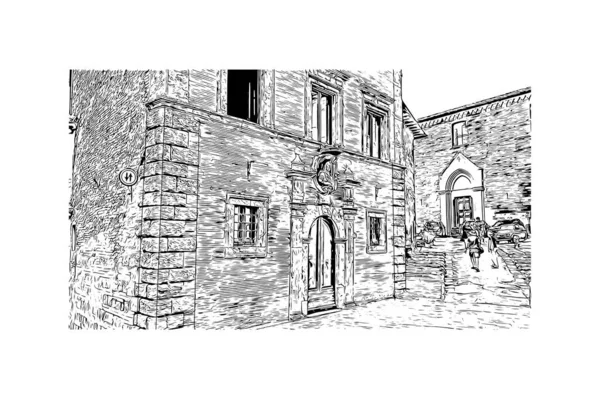 İtalya 'nın Montepulciano şehrinin simgesi olan Print Building Manzarası. Vektörde elle çizilmiş çizim çizimi.