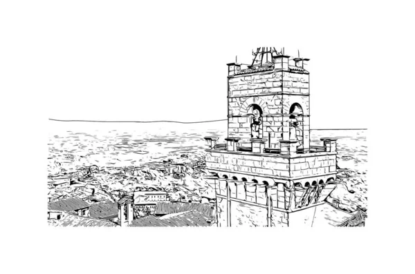 İtalya 'nın Montepulciano şehrinin simgesi olan Print Building Manzarası. Vektörde elle çizilmiş çizim çizimi.