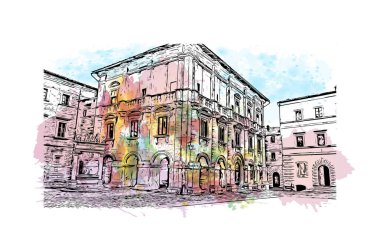 İtalya 'nın Montepulciano şehrinin simgesi olan Print Building Manzarası. Vektörde elle çizilmiş resim ile suluboya sıçraması.