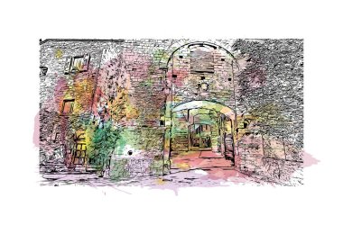 İtalya 'nın Montepulciano şehrinin simgesi olan Print Building Manzarası. Vektörde elle çizilmiş resim ile suluboya sıçraması.