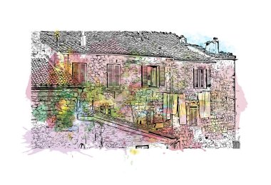 İtalya 'nın Montepulciano şehrinin simgesi olan Print Building Manzarası. Vektörde elle çizilmiş resim ile suluboya sıçraması.
