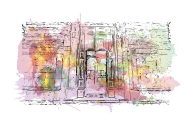 İtalya 'nın Montepulciano şehrinin simgesi olan Print Building Manzarası. Vektörde elle çizilmiş resim ile suluboya sıçraması.