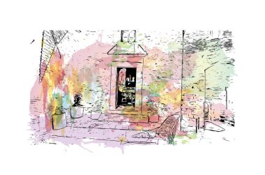 İtalya 'nın Montepulciano şehrinin simgesi olan Print Building Manzarası. Vektörde elle çizilmiş resim ile suluboya sıçraması.