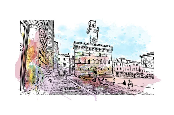 Imprimer Vue Bâtiment Avec Monument Ville Montepulciano Italie Aquarelle Éclaboussure — Image vectorielle