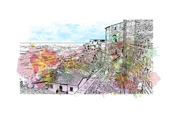 Print Building View Landmark Montepulciano Town Italy Akvarell Splash Kézzel — Stock Vector