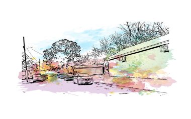 Montgomery 'nin dönüm noktası olan Print Building View Alabama' da bulunmaktadır. Vektörde elle çizilmiş resim ile suluboya sıçraması.