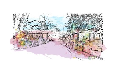 Montgomery 'nin dönüm noktası olan Print Building View Alabama' da bulunmaktadır. Vektörde elle çizilmiş resim ile suluboya sıçraması.