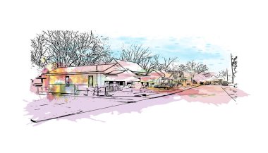 Montgomery 'nin dönüm noktası olan Print Building View Alabama' da bulunmaktadır. Vektörde elle çizilmiş resim ile suluboya sıçraması.