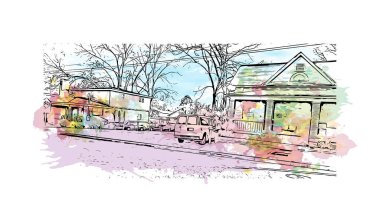 Montgomery 'nin dönüm noktası olan Print Building View Alabama' da bulunmaktadır. Vektörde elle çizilmiş resim ile suluboya sıçraması.