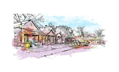 Montgomery 'nin dönüm noktası olan Print Building View Alabama' da bulunmaktadır. Vektörde elle çizilmiş resim ile suluboya sıçraması.