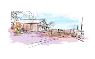 Montgomery 'nin dönüm noktası olan Print Building View Alabama' da bulunmaktadır. Vektörde elle çizilmiş resim ile suluboya sıçraması.