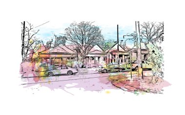 Montgomery 'nin dönüm noktası olan Print Building View Alabama' da bulunmaktadır. Vektörde elle çizilmiş resim ile suluboya sıçraması.