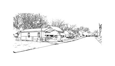 Montgomery 'nin dönüm noktası olan Print Building View Alabama' da bulunmaktadır. Vektörde elle çizilmiş çizim çizimi.