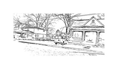 Montgomery 'nin dönüm noktası olan Print Building View Alabama' da bulunmaktadır. Vektörde elle çizilmiş çizim çizimi.