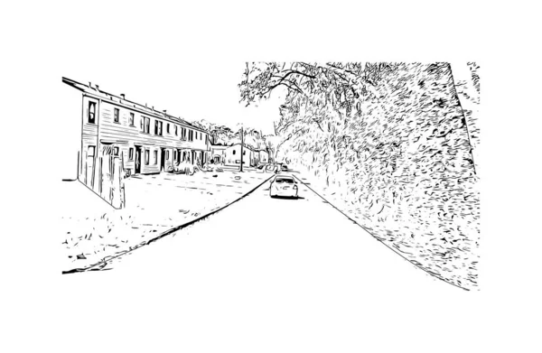具有蒙哥马利地标的印刷建筑景观是阿拉巴马州的一座城市 矢量手绘草图 — 图库矢量图片
