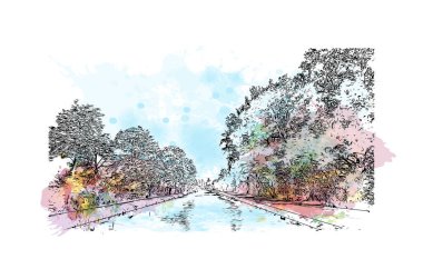 Print Building view with landmark of Montlucon is the commune in France. Vektörde elle çizilmiş resim ile suluboya sıçraması.