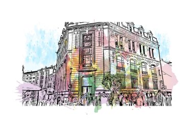 Print Building view with landmark of Montlucon is the commune in France. Vektörde elle çizilmiş resim ile suluboya sıçraması.