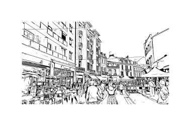 Print Building view with landmark of Montlucon is the commune in France. Vektörde elle çizilmiş çizim çizimi.