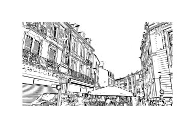 Print Building view with landmark of Montlucon is the commune in France. Vektörde elle çizilmiş çizim çizimi.