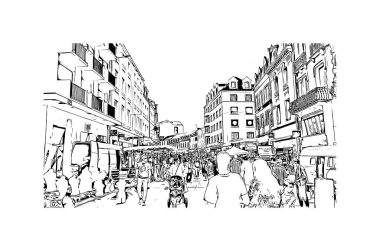 Print Building view with landmark of Montlucon is the commune in France. Vektörde elle çizilmiş çizim çizimi.