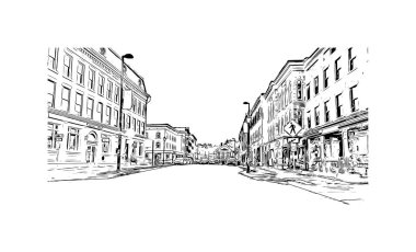 Montpelier manzaralı Print Building Vermont şehridir. Vektörde elle çizilmiş çizim çizimi. 