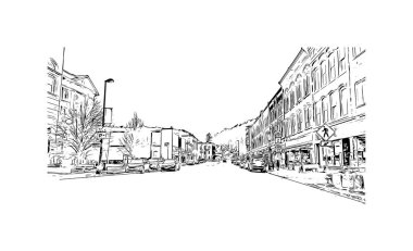 Montpelier manzaralı Print Building Vermont şehridir. Vektörde elle çizilmiş çizim çizimi. 