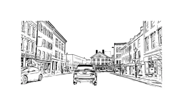 具有蒙彼利埃地标的印刷建筑景观是佛蒙特州的一座城市 矢量手绘草图 — 图库矢量图片