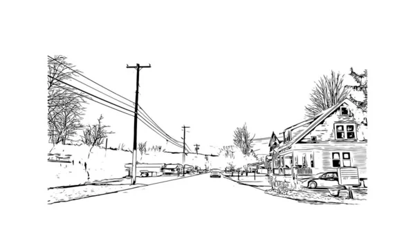 具有蒙彼利埃地标的印刷建筑景观是佛蒙特州的一座城市 矢量手绘草图 — 图库矢量图片