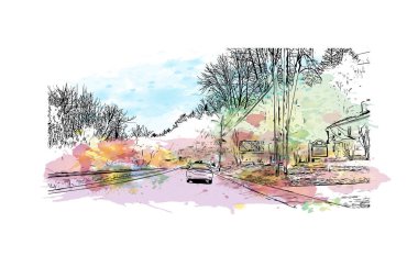 Montpelier manzaralı Print Building Vermont şehridir. Vektörde elle çizilmiş resim ile suluboya sıçraması. 