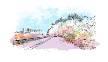 Montpelier manzaralı Print Building Vermont şehridir. Vektörde elle çizilmiş resim ile suluboya sıçraması. 