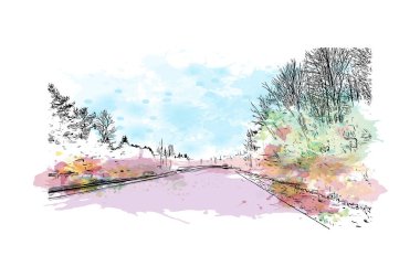 Montpelier manzaralı Print Building Vermont şehridir. Vektörde elle çizilmiş resim ile suluboya sıçraması. 