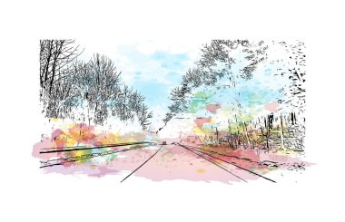 Montpelier manzaralı Print Building Vermont şehridir. Vektörde elle çizilmiş resim ile suluboya sıçraması. 