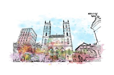 Montreal manzaralı Print Building Kanada 'da bir şehirdir. Vektörde elle çizilmiş resim ile suluboya sıçraması.
