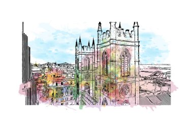 Montreal manzaralı Print Building Kanada 'da bir şehirdir. Vektörde elle çizilmiş resim ile suluboya sıçraması.