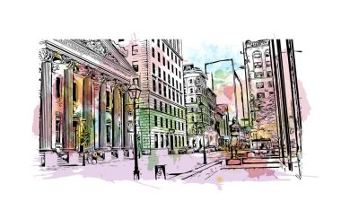 Montreal manzaralı Print Building Kanada 'da bir şehirdir. Vektörde elle çizilmiş resim ile suluboya sıçraması.