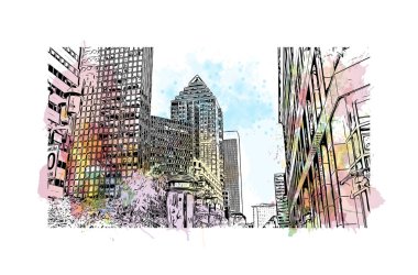 Montreal manzaralı Print Building Kanada 'da bir şehirdir. Vektörde elle çizilmiş resim ile suluboya sıçraması.