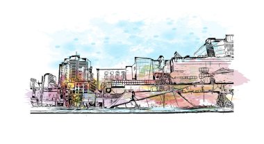 Montreal manzaralı Print Building Kanada 'da bir şehirdir. Vektörde elle çizilmiş resim ile suluboya sıçraması.