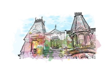 Montreal manzaralı Print Building Kanada 'da bir şehirdir. Vektörde elle çizilmiş resim ile suluboya sıçraması.